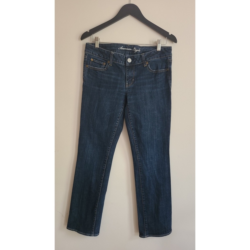 American Eagle Dark Wash Stretch Straight Leg Jeans Womens 8 Short Low Rise